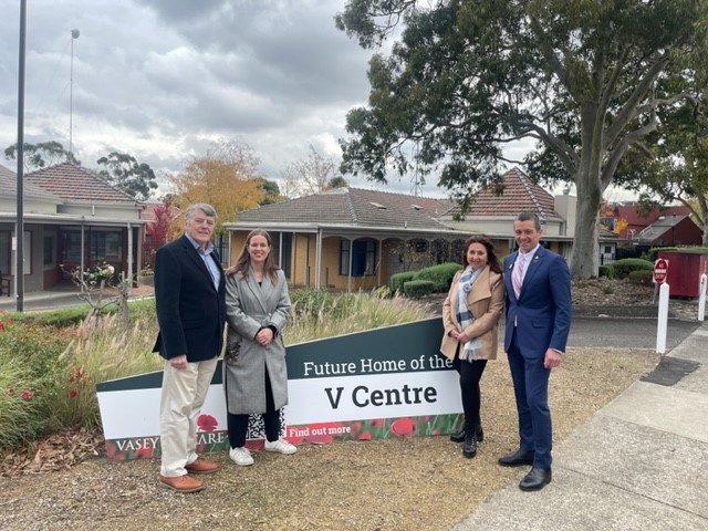 Photo of (from left) Chair Mike O'Meara OAM, federal Member for Jagajaga, Kate Thwaites MP, Vasey RSL Care CEO, Janna Voloshin and GM Veteran Services, Chris Gray outside the new V Centre. 